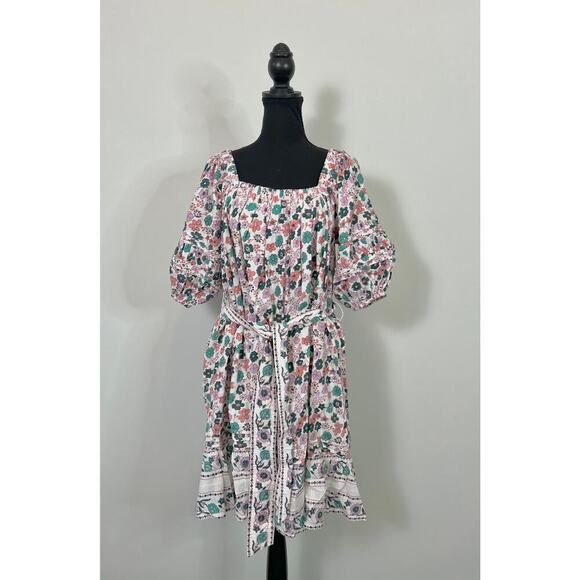 Cleobella Mara Mini Dress Multi Large Floral Fit Flare Lined Cotton Boho Peasant - Picture 1 of 5